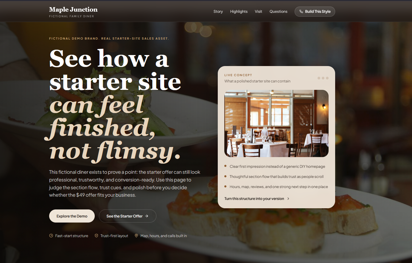 Starter site hero preview styled like the Maple Junction family diner concept